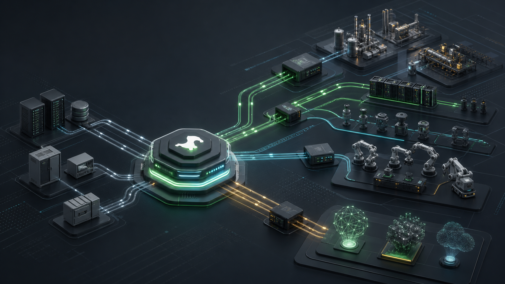 Technical integration hub connecting legacy systems, industrial protocols, robotics workflows, and AI orchestration.