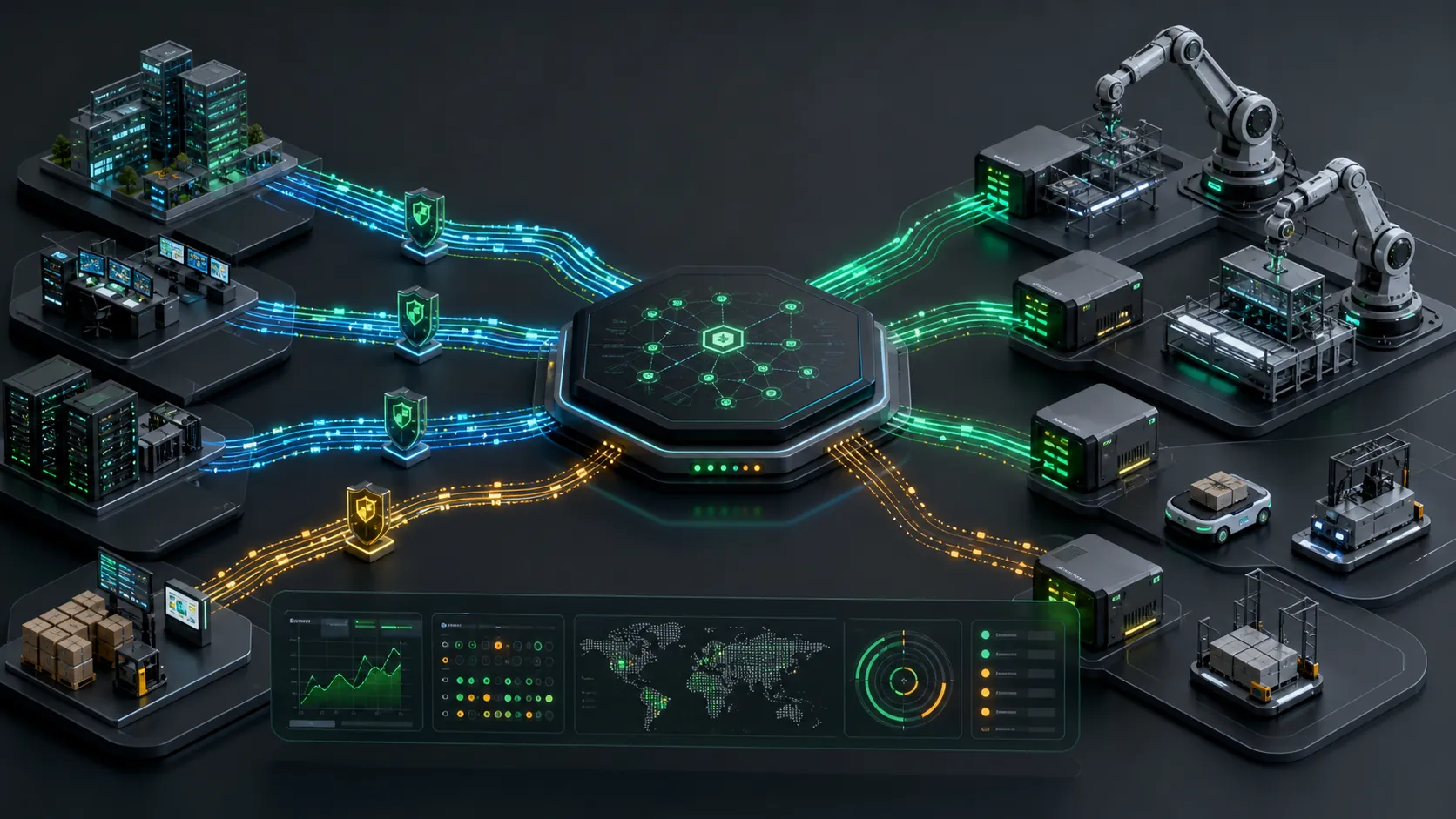 Robotics integration control plane with industrial robots, gateways, and telemetry paths.